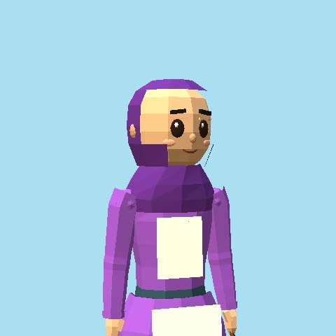 Mak Jah: the island cook in a purple headscarf and top with a white apron.