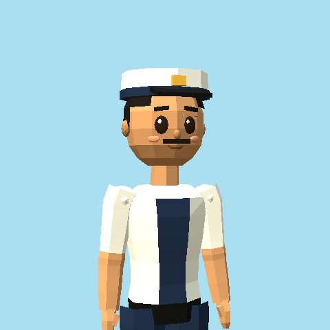Encik Rahman: the harbourmaster, with a moustache, a white peaked cap and a white shirt with a navy front.