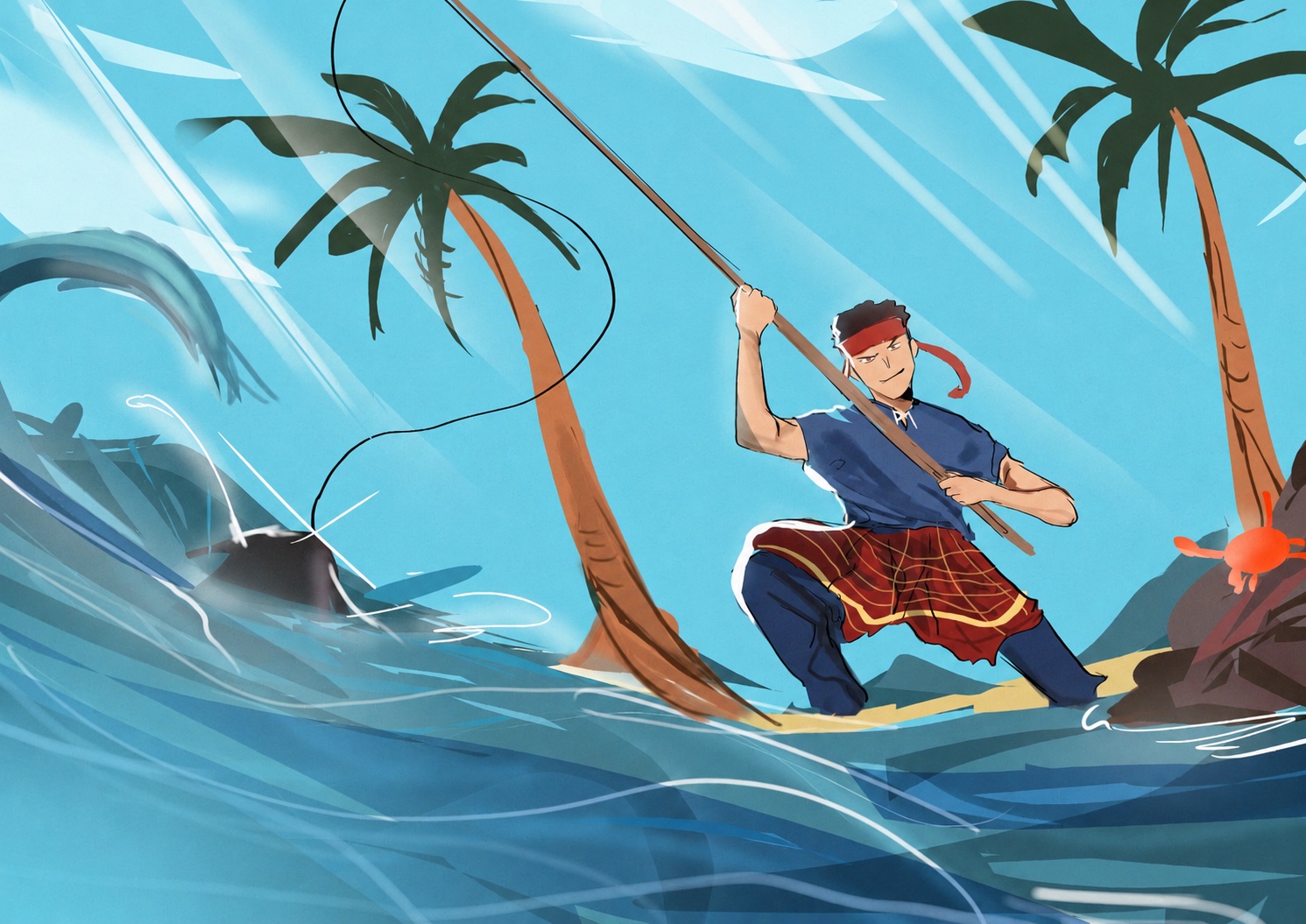 A pendekar in blue with a red headband and checked sarong stands ready on a palm-lined island, with curling turquoise waves, a shark and sunlight across the sky.