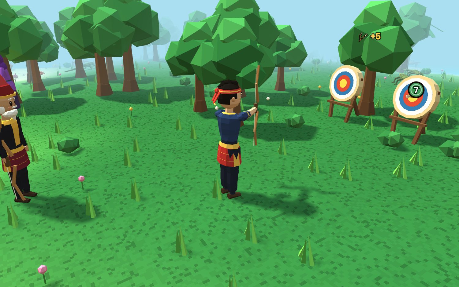 The player, seen from behind, drawing a bamboo bow to the chin at the archery range, with Tok Ali watching on the left and a score of 7 over the nearest straw target.