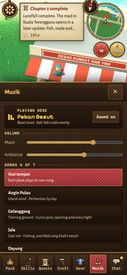 A phone screen at Kak Yah's shop, its red-and-white awning reading Kedai Runcit Kak Yah, with the Muzik sheet open above a tab bar of seven tabs: Pack, Skills, Quests, Craft, Gear, Muzik and Chat.