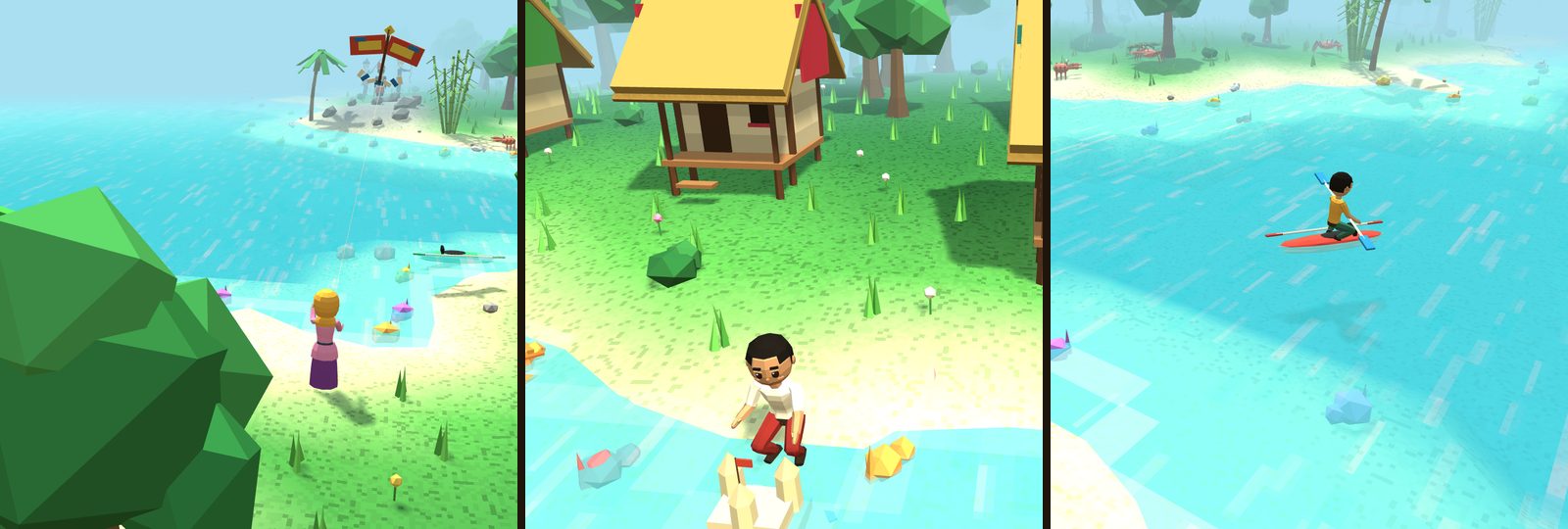 Three close-ups side by side. A girl on the beach flies a red and yellow moon kite on a long string out over the water. A boy squats by a sandcastle with three towers and a red flag at the water's edge. A boy sits in a red kayak, paddling through the shallows.