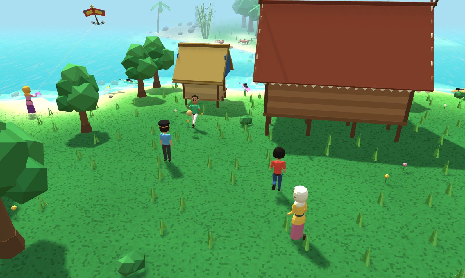 Children on the grass in front of the house: two running round each other, and two more passing a yellow rattan ball through the air between them.