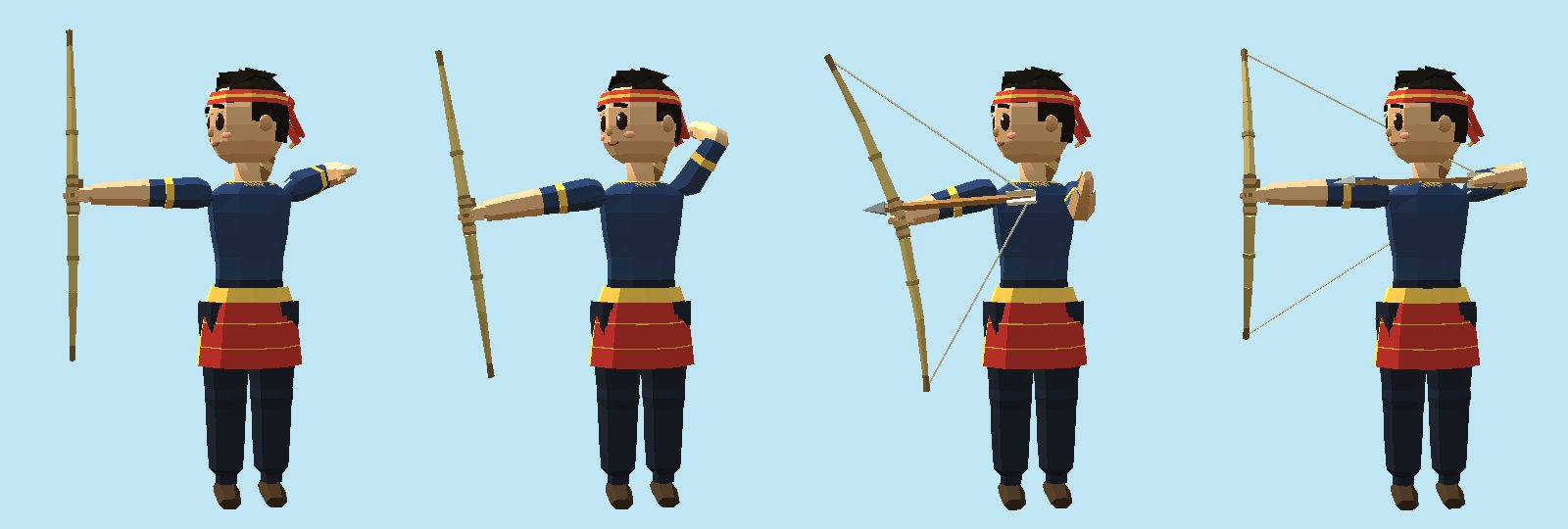 Four moments of a shot, side by side. The archer stands side-on with the bow arm out: first the drawing hand flung back after the loose; then reaching over the shoulder to the quiver; then nocking an arrow with the bow drawn in; then at full draw, the string pulled back in a V to the shoulder and the arrow lying across to the bow.