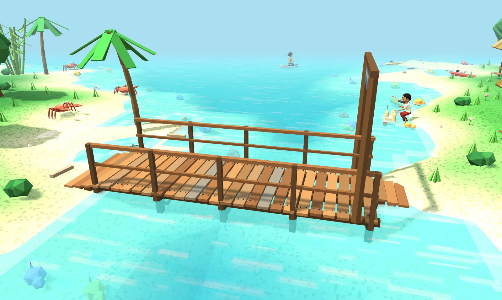 The plank bridge to Kampung Pasir Hantu, seen across the channel. Planks run across the bridge with a nail at each end, a few gone grey. Square posts carry a top rail and a middle rail along both sides, and three boards step down to the sand at the near end. The village sign stands at the far end, with a crab on the beach and a child paddling a kayak behind.