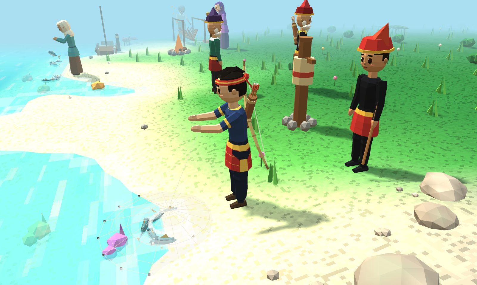 The player casts a circular jala net into the island's turquoise shallows.