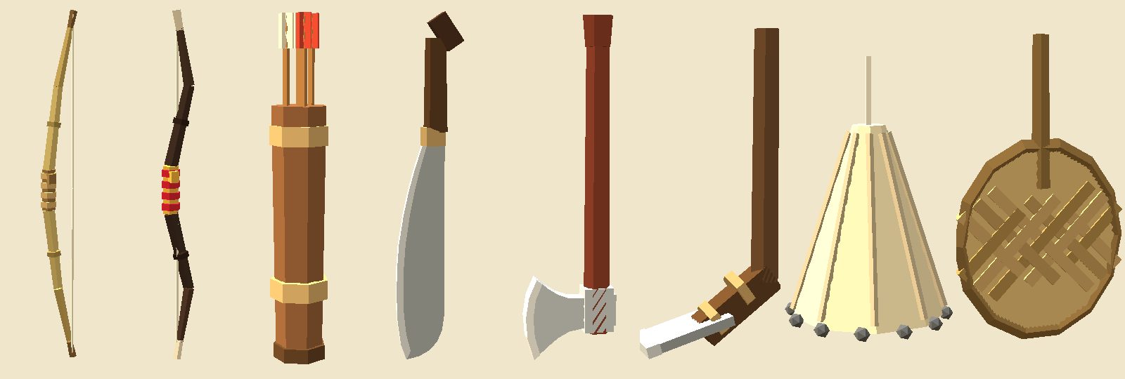 Tools side by side on cream: a pale bamboo bow with a wrapped grip, a dark recurved horn bow with cream tips and a red and gold grip, a rattan quiver of arrows, a parang with a curved belly and a hooked handle, a steel hatchet with a flared head, a knee-bent adze, a gathered cast net with lead weights round its hem, and a round woven fan.