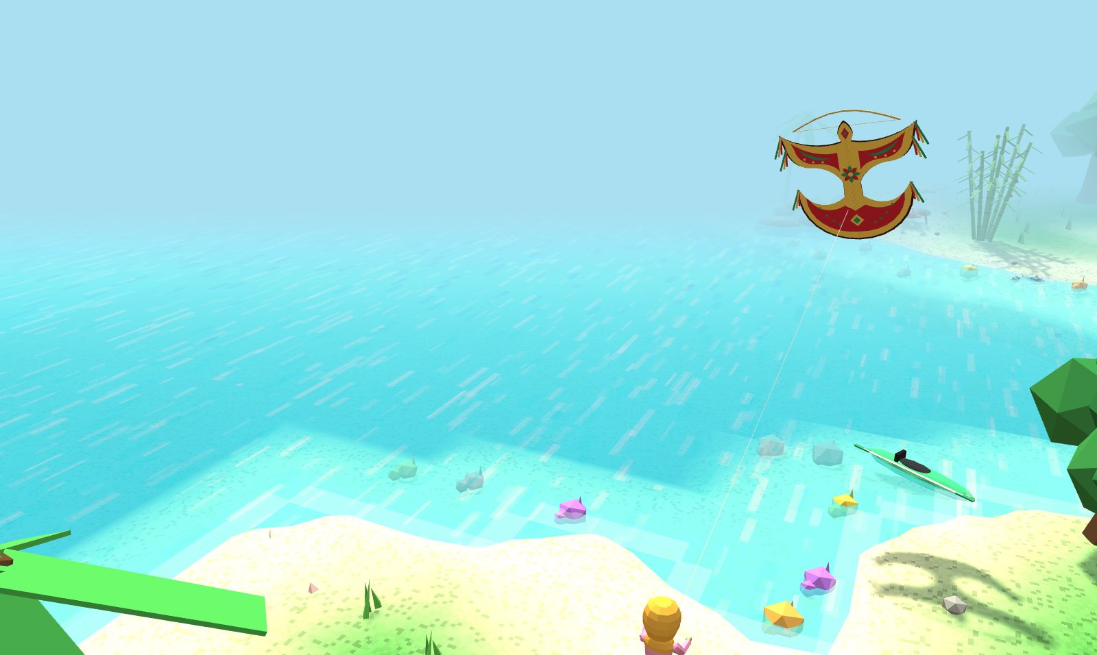 A wau bulan high over the shallows: gold with red wing panels, a red crescent tail with a gold diamond, tassels at the tips, and a bow arched over its head. A long line runs down to a girl on the beach below.