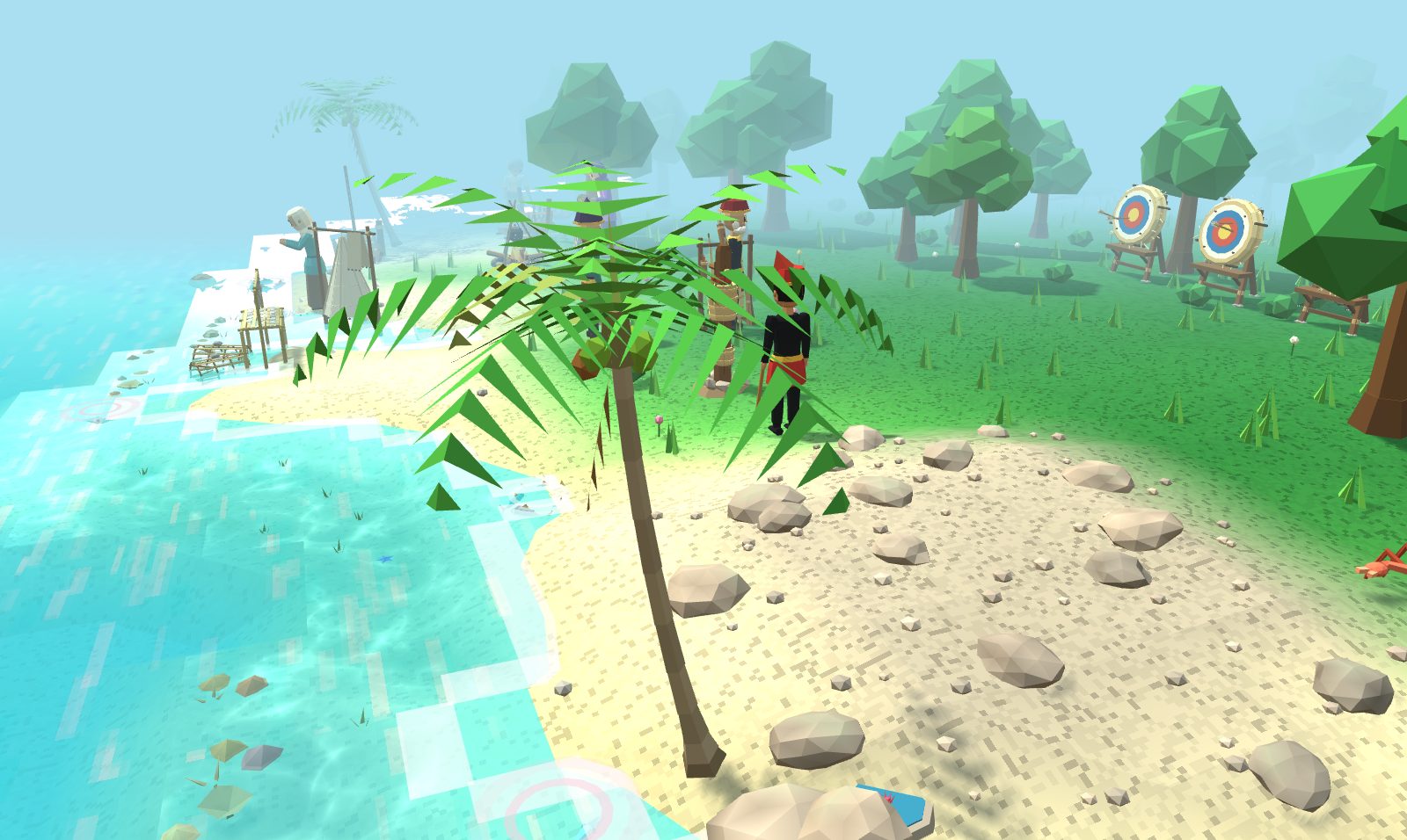 A coconut palm on the rocky shore by the camp, its slender trunk curving up to a crown of fronds with leaflets along both sides and coconuts under them, granite boulders around its foot and the archery targets behind.