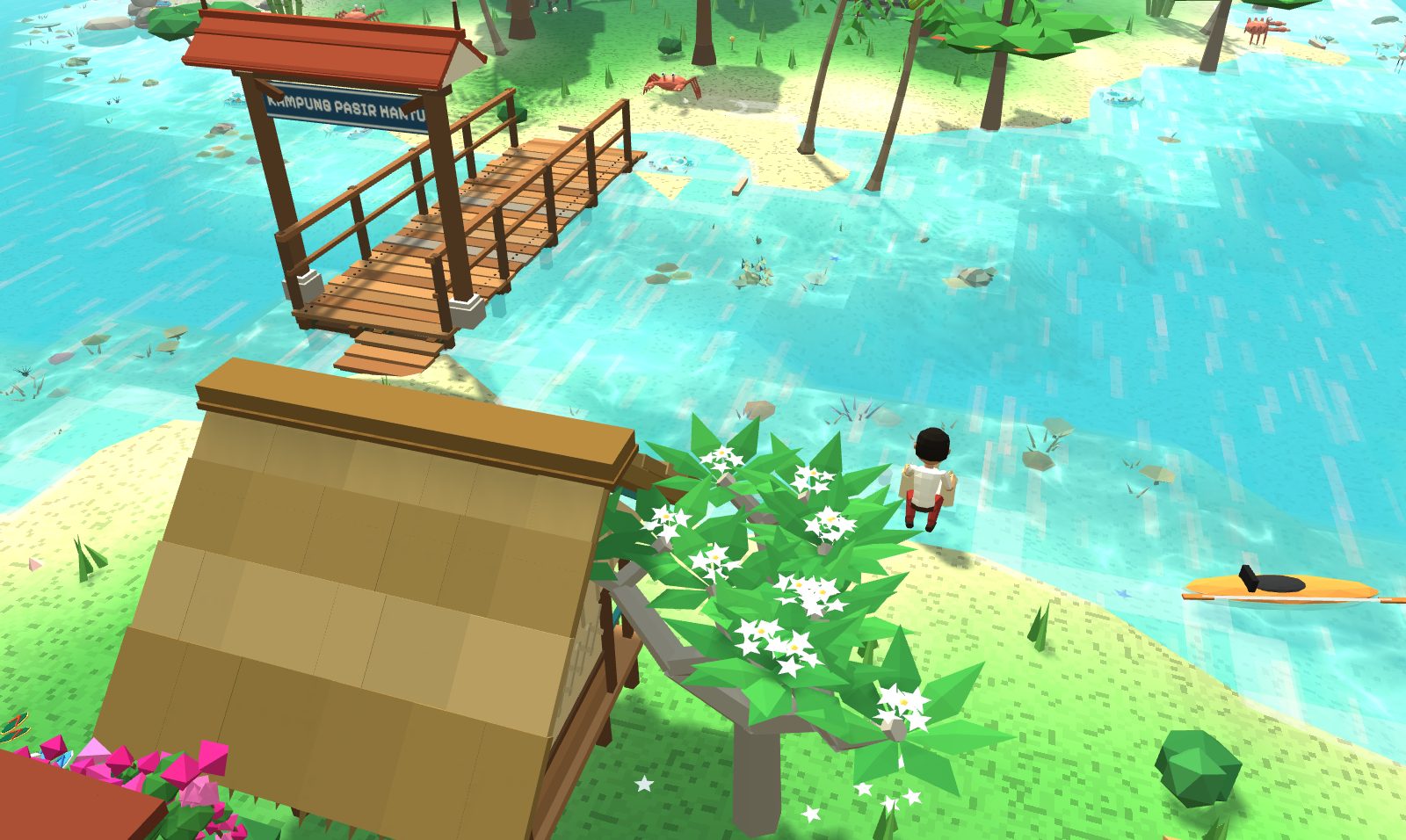 The shallows by Kampung Pasir Hantu from above: coral, seagrass and starfish show through clear turquoise water, with the plank bridge and its roofed gateway behind, a frangipani in white flower beside a beach hut, and a child on the sand.