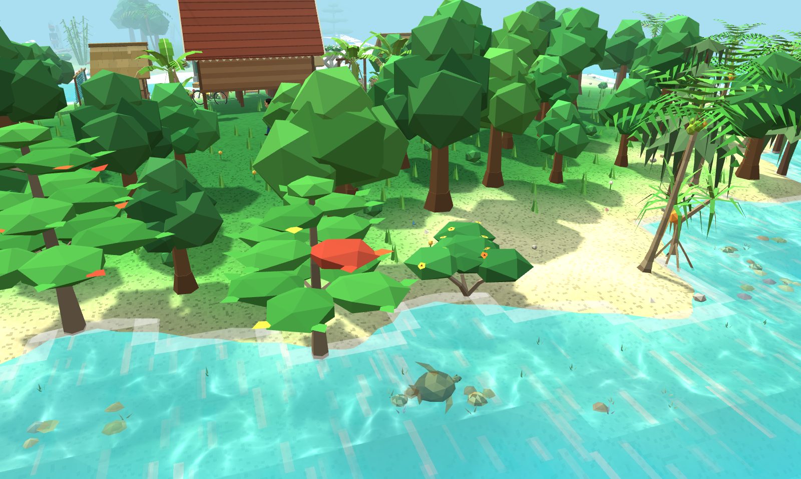 The east island's shore: sea almond trees in flat tiers with a few red leaves, a low sea hibiscus with yellow flowers and a leaning coconut palm at the water's edge, jungle behind, and a turtle swimming in the shallows in front.