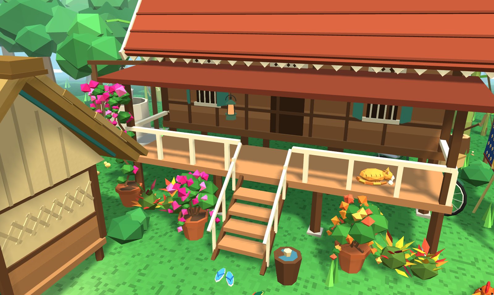 The Malay house's verandah: a ginger cat asleep on the boards, a pelita lamp, pots of bougainvillea in pink and magenta by the stairs, croton bushes, slippers at the bottom step, and a rooster in the yard.