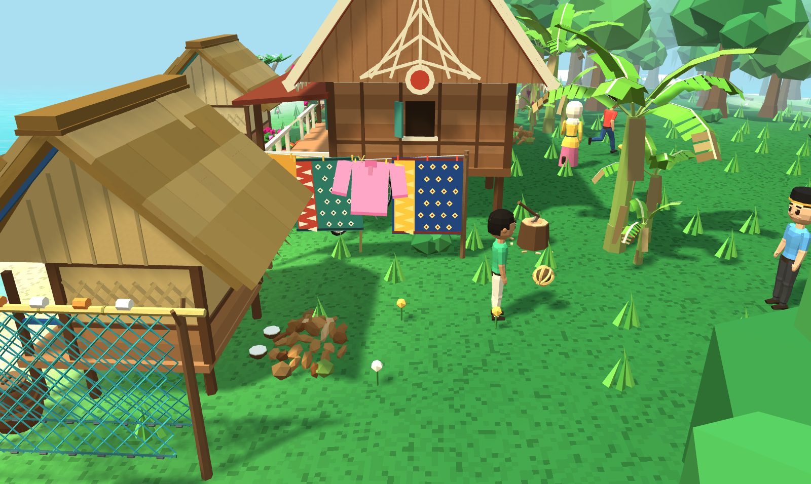 The side yard of the Malay house: batik sarongs, a pink baju and a towel hanging on a washing line, banana trees, a heap of coconut husks, a chopping block, a net drying by a hut, and children playing on the grass.