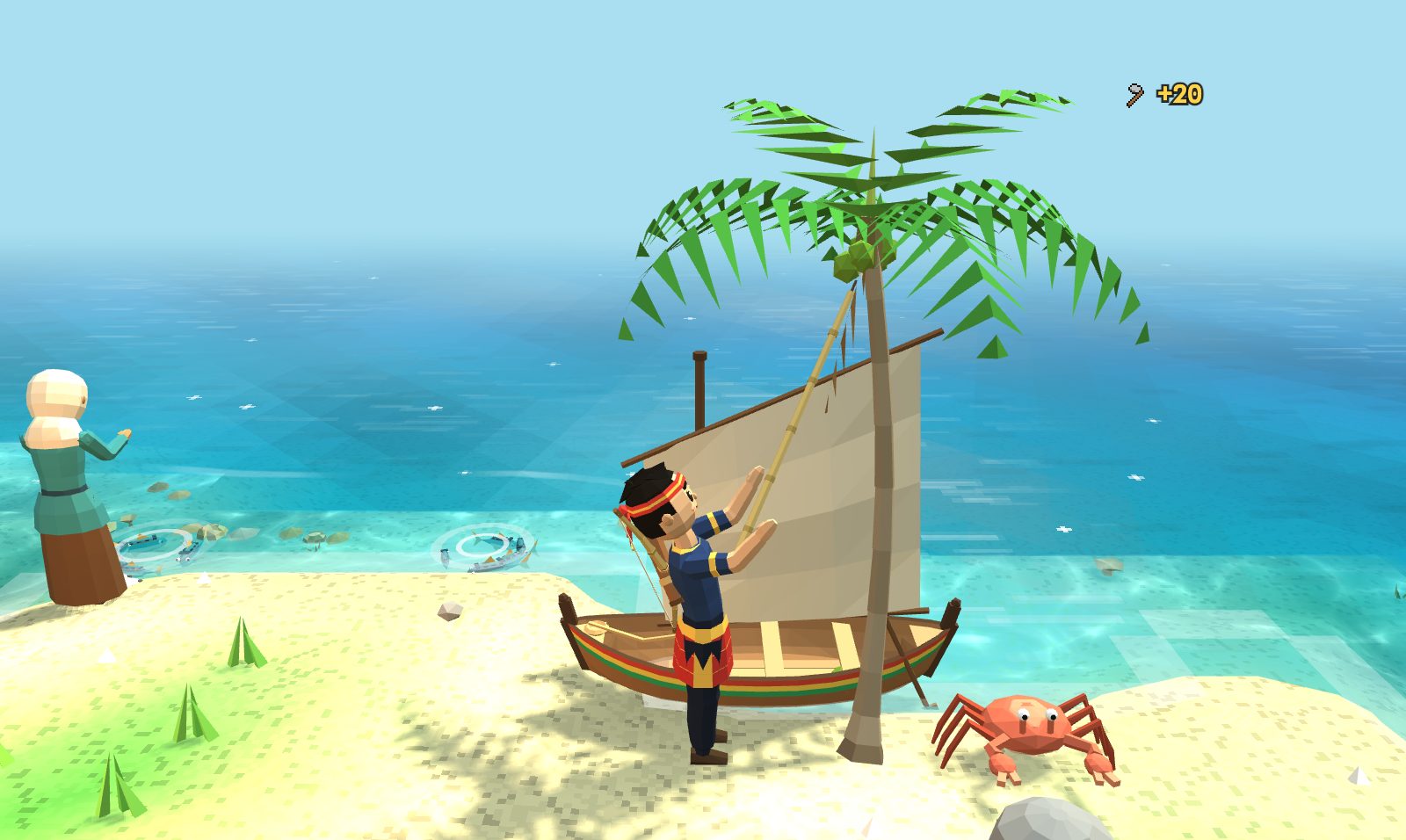 The player by a coconut palm on the beach, holding a long bamboo pole up into the crown among the coconuts, a picked coconut lying on the sand, a boat with a sail behind.