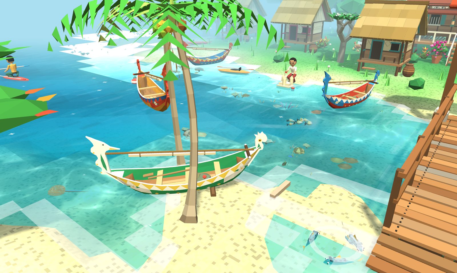 A painted kolek resting on the sand of the Perhentian Islands, with palms and the village beyond.