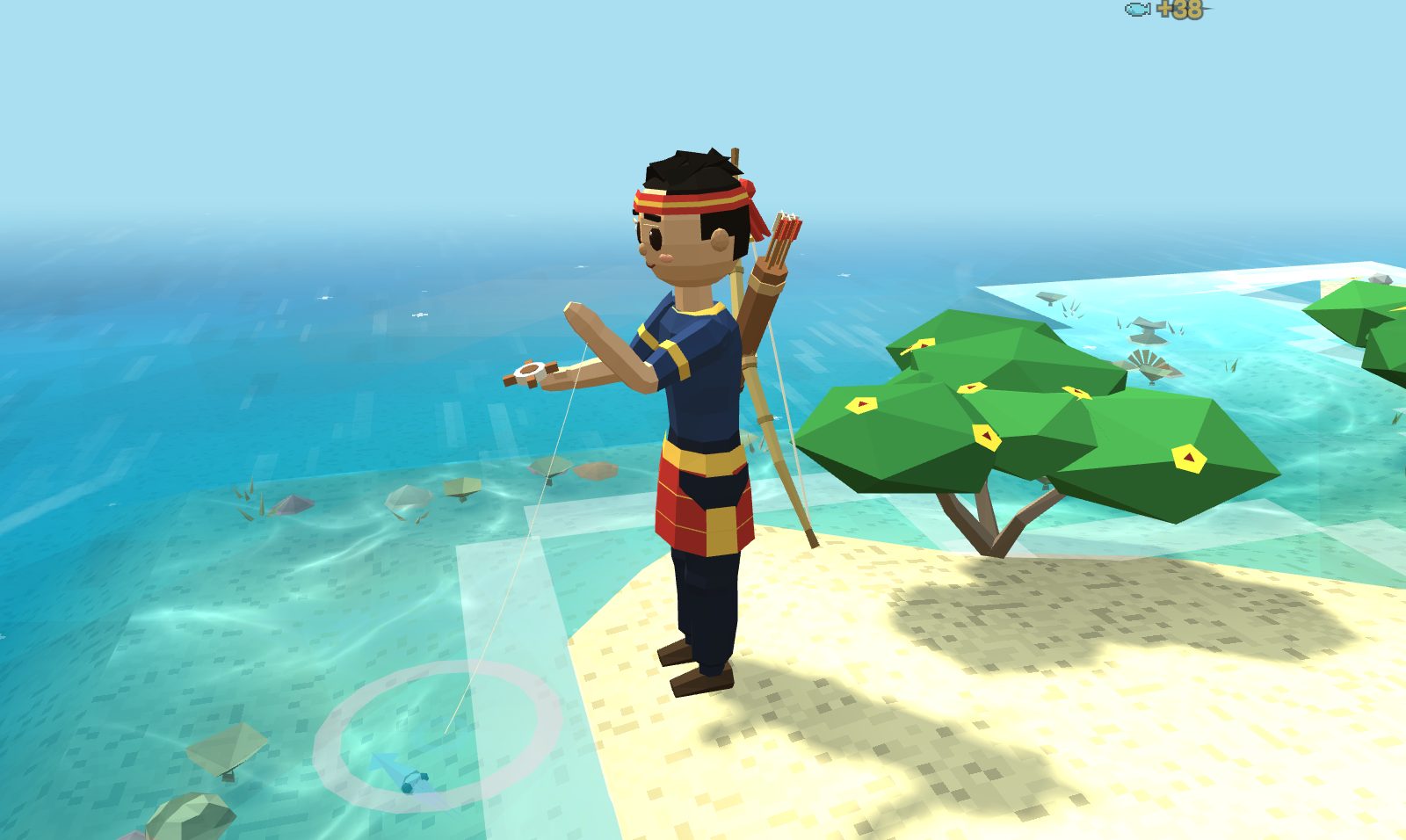 The player at the water's edge holding a small wooden reel in one hand, a fine line running from the other hand down into a pale ring on the water over a squid spot, a bow and quiver on the player's back.