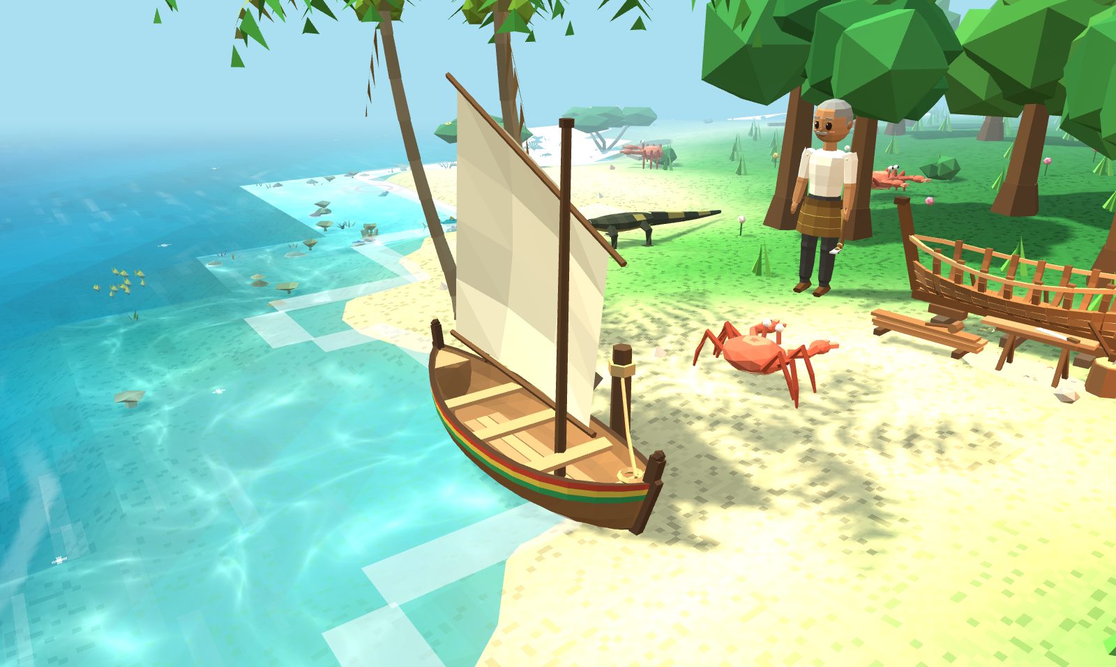A handmade perahu with a cream sail and painted red, green and yellow bands, moored on the beach.
