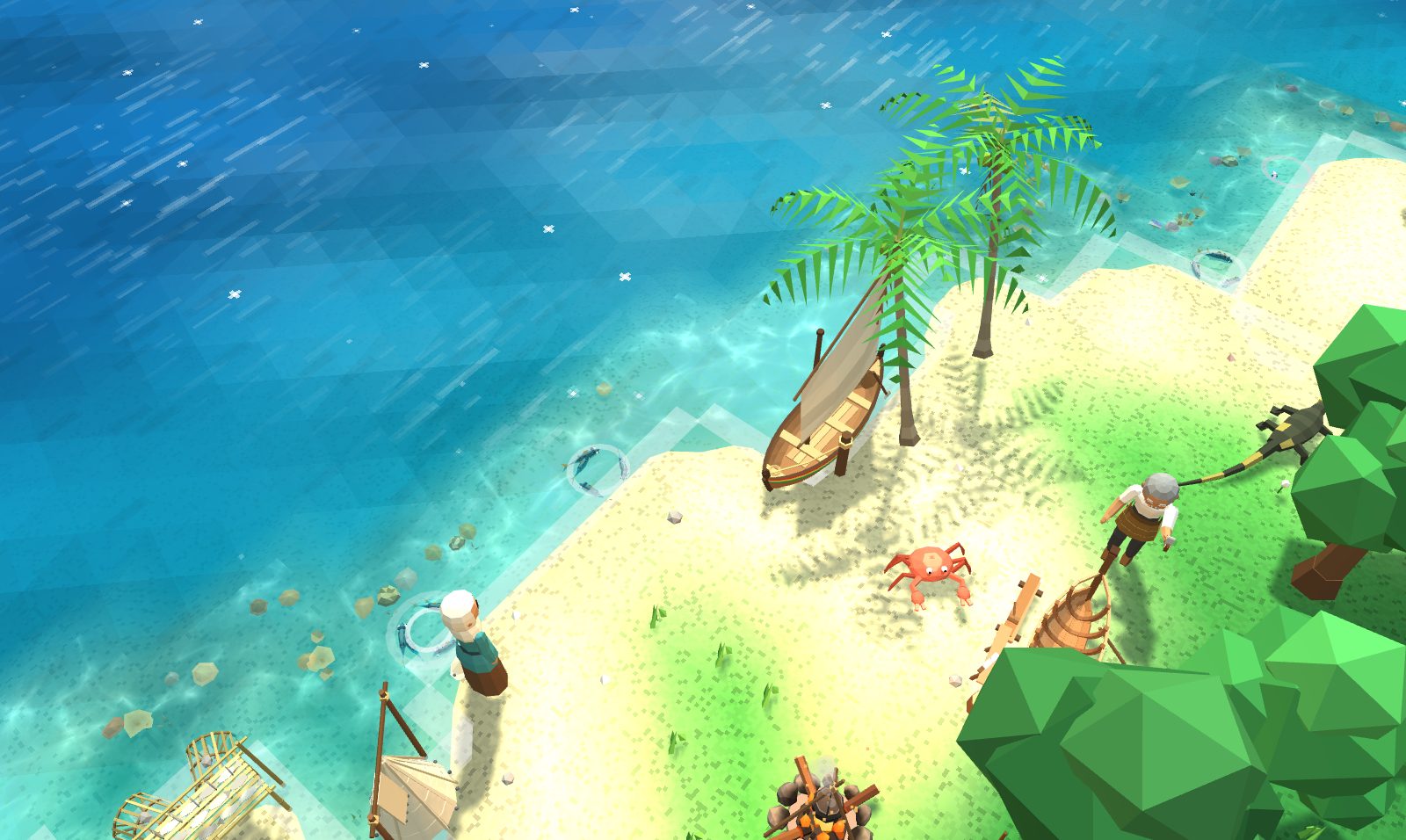 The shore of the first island from the game's usual camera: clear turquoise over the sand and the reef, deepening to teal and blue further out, the surface faceted, with streaks and small white glints.