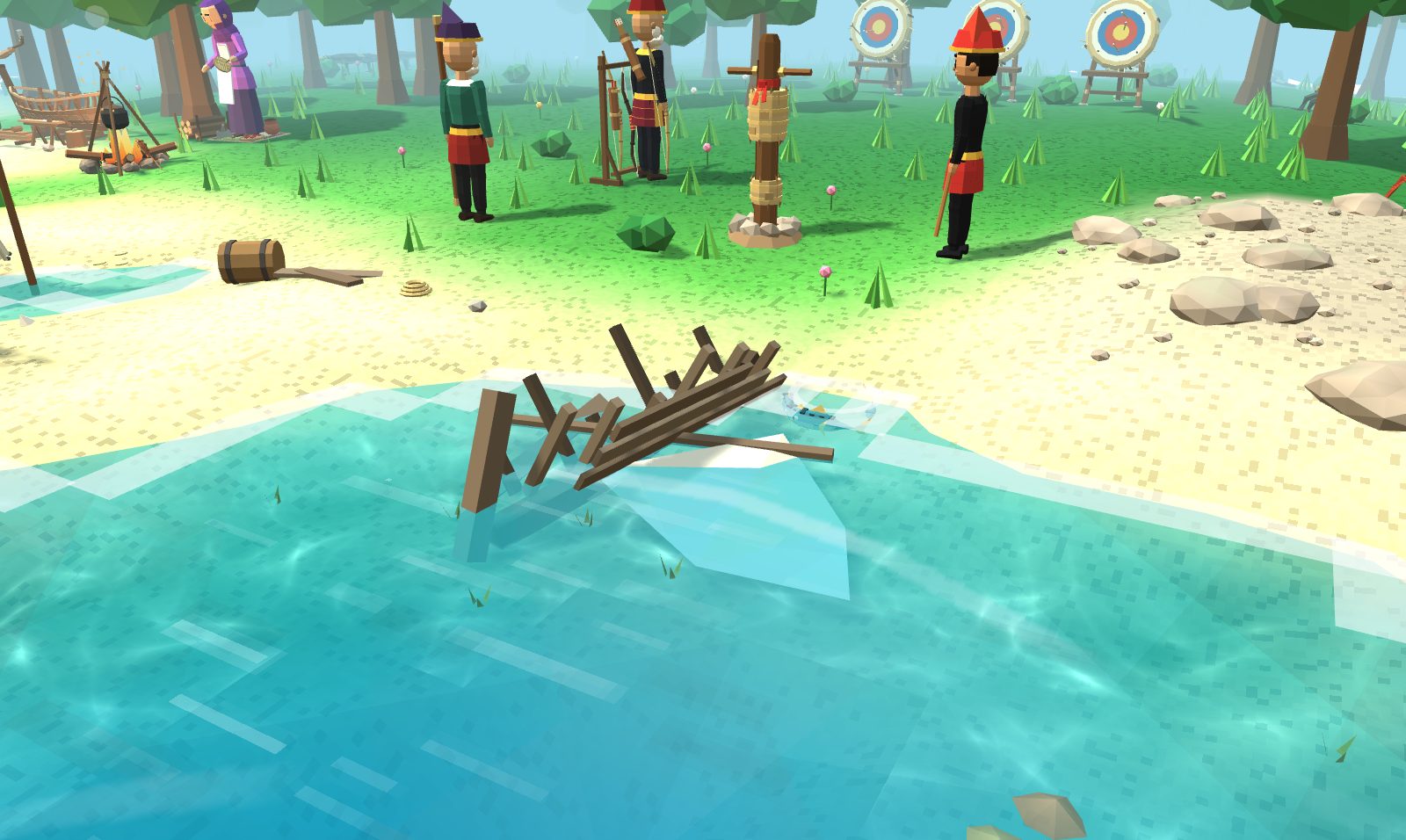 The broken keel and ribs of a small boat sticking up out of the shallows by the beach, a few planks still on them, the mast lying across and a pale torn sail under the water; up the beach a barrel lies on its side by two planks and a coil of rope, with the teachers' camp behind.