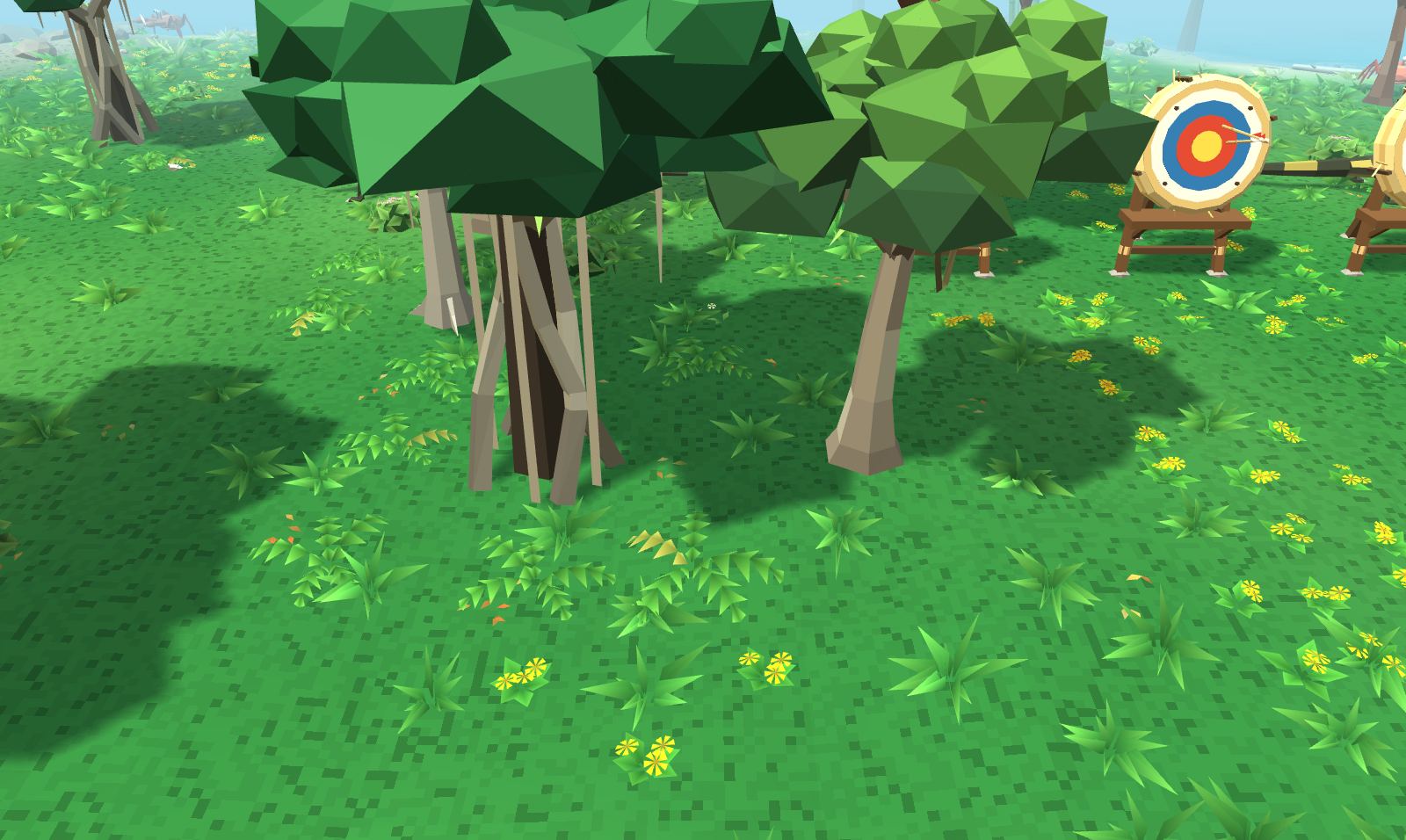 Close to the ground under the trees: ferns, fallen leaves and tufts of grass in several greens, yellow Singapore daisies among them, a strangler fig on its lattice of roots and the archery targets beyond.