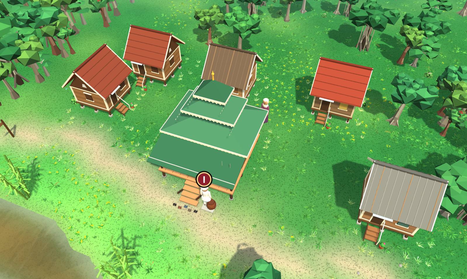 Hulu Besut from above: the surau's three green roofs in the middle, five houses on stilts round it with red and grey roofs, a worn earth path along the river bank on the left, and tall forest trees on every side.