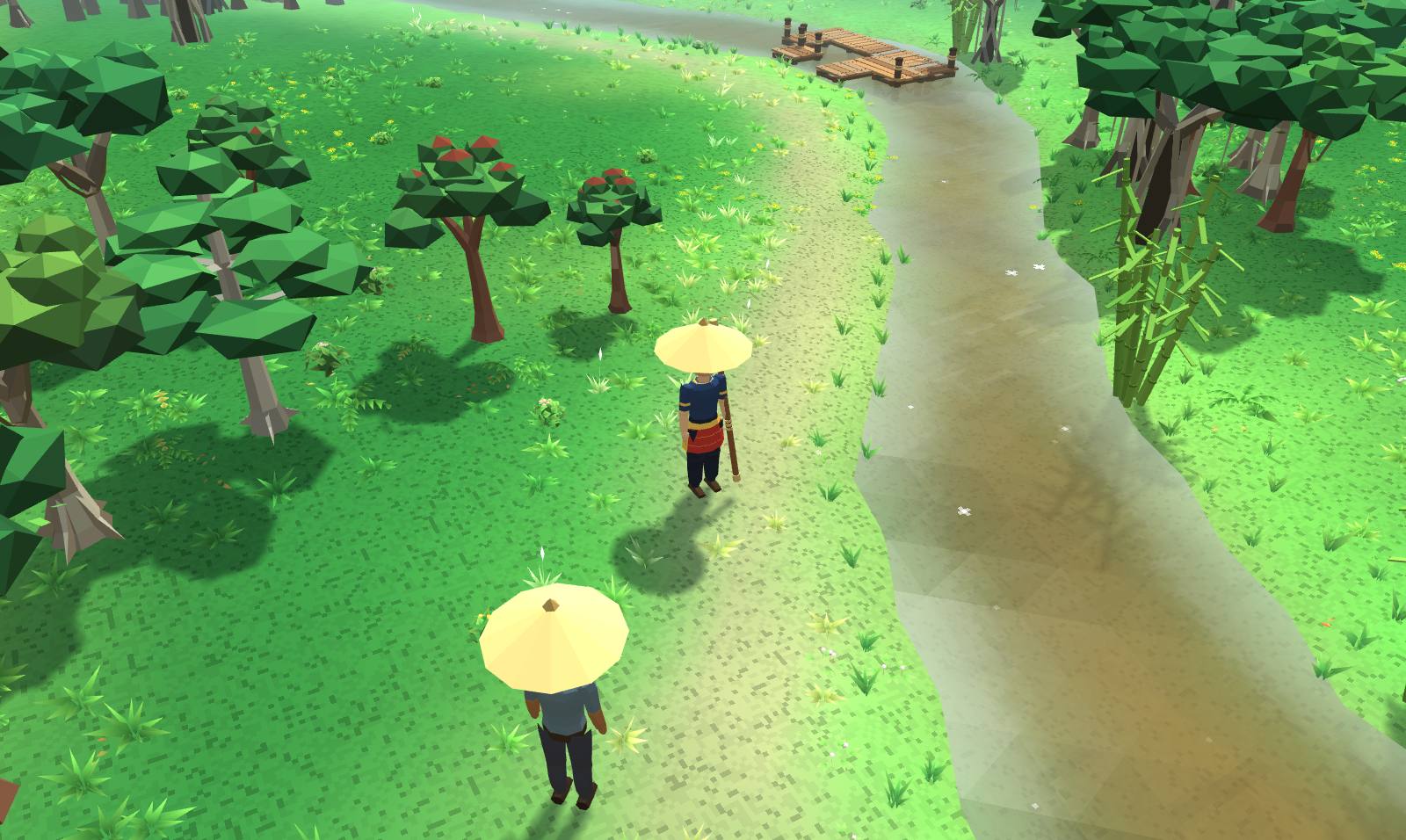 The path south along the river in Hulu Besut: the player in a conical terendak and Pak Deris the fisherman with his rod beside a winding brown stream, trees with dark crowns on the left, bamboo on the far bank and the broken planks of the old landing at the bend ahead.