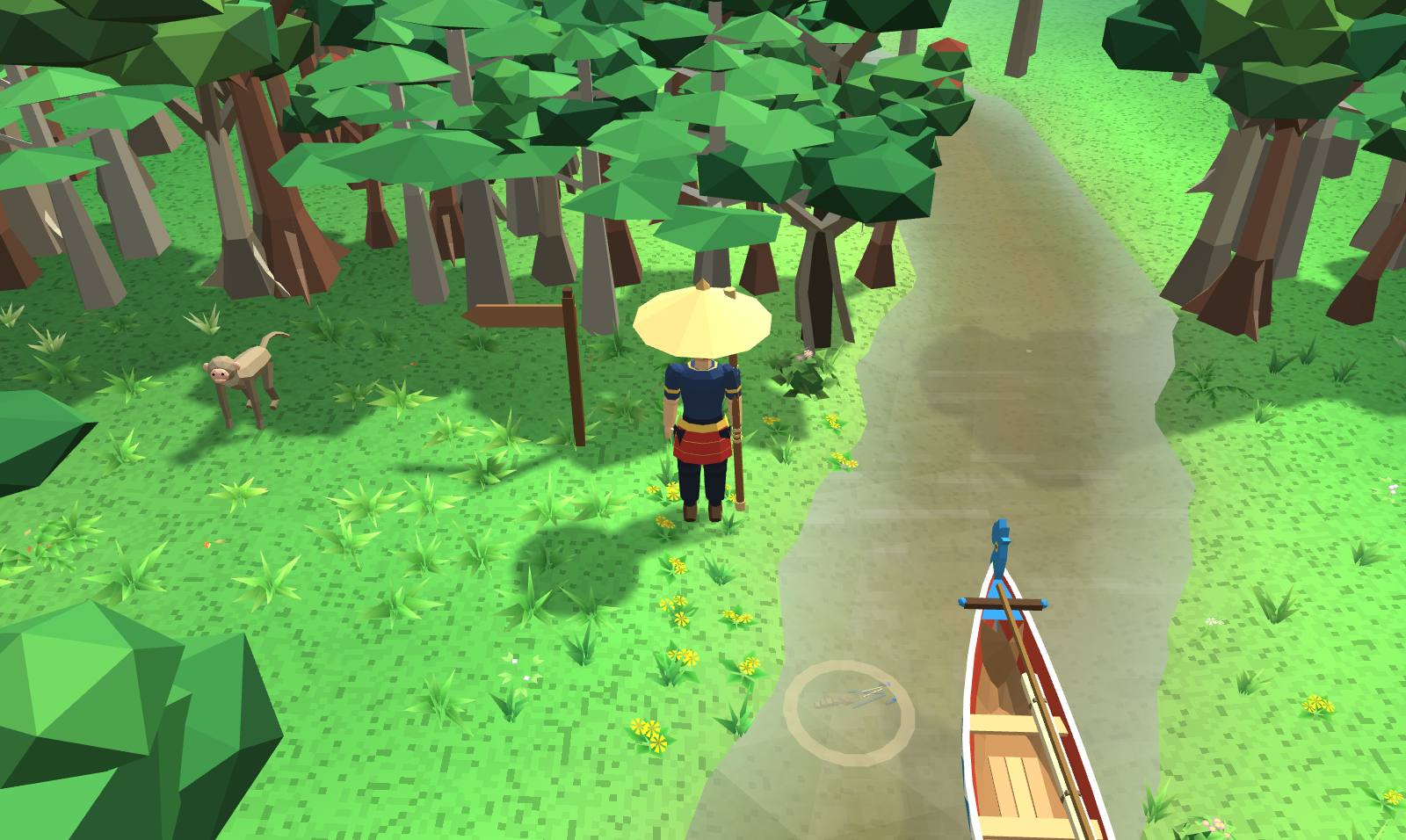 The edge of Kuala Besut where the river path leaves: the player in a terendak by a wooden signpost, the river running up between the trees with a painted kolek on it, and a macaque in the grass.
