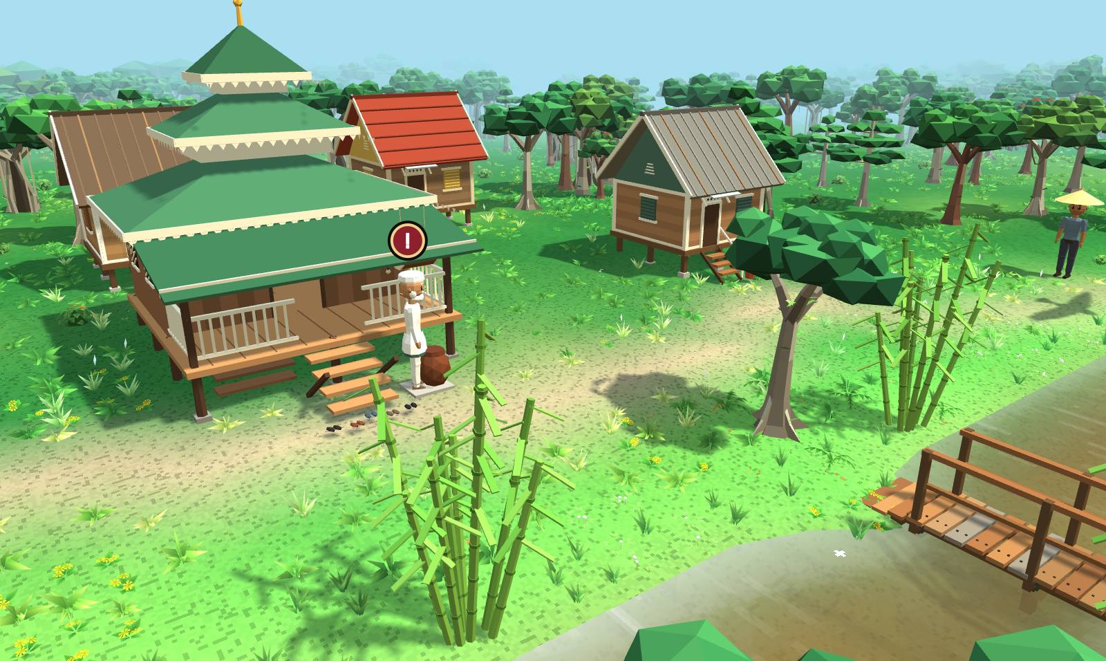 The surau at Hulu Besut: a timber building on stilts under three tiers of green roof with a crown on top, a veranda with a white rail, wooden steps with shoes at the bottom and a clay water jar beside them, Pak Salleh in a white kopiah standing by the steps, and kampung houses on stilts and the forest beyond.