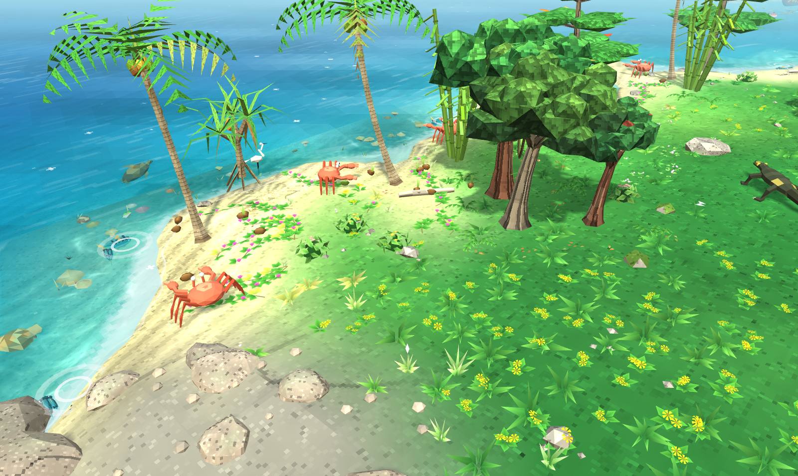 A Perhentian shore: textured grass in tufts running down to rippled sand, stones scattered over both, coconut palms with ringed trunks, crabs on the beach and a tree with textured bark and leaves.