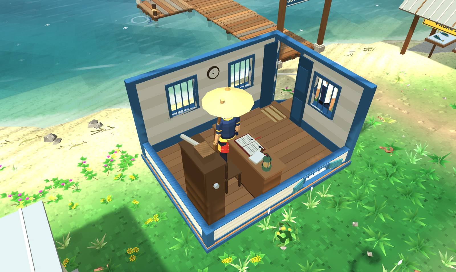 Inside Encik Rahman's harbour office with the roof faded away: the player at the panelled counter, barred windows with blue frames, a clock and a chart of the coast on the walls, the jetty beyond.