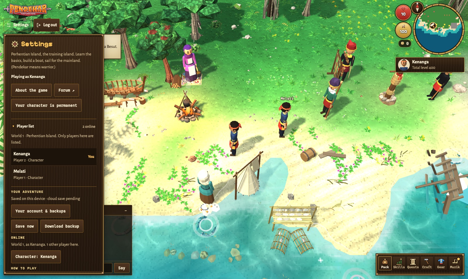 The Settings panel open on the island, with the player list: 2 online, World 1, Perhentian Island, only players here listed, then Kenanga marked You and Melati. Melati stands on the beach behind the panel.