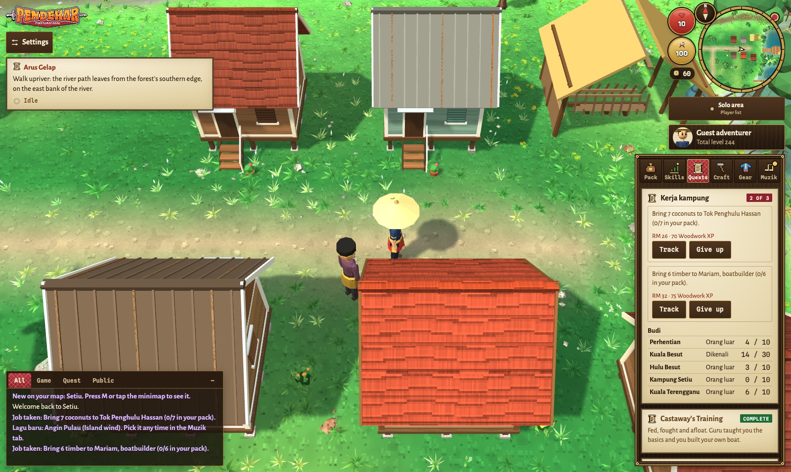 The Quests tab: Kerja kampung, two jobs of three, each with its pay, Track and Give up buttons; under them the Budi table, with Kuala Besut at Dikenali, 14 of 30.