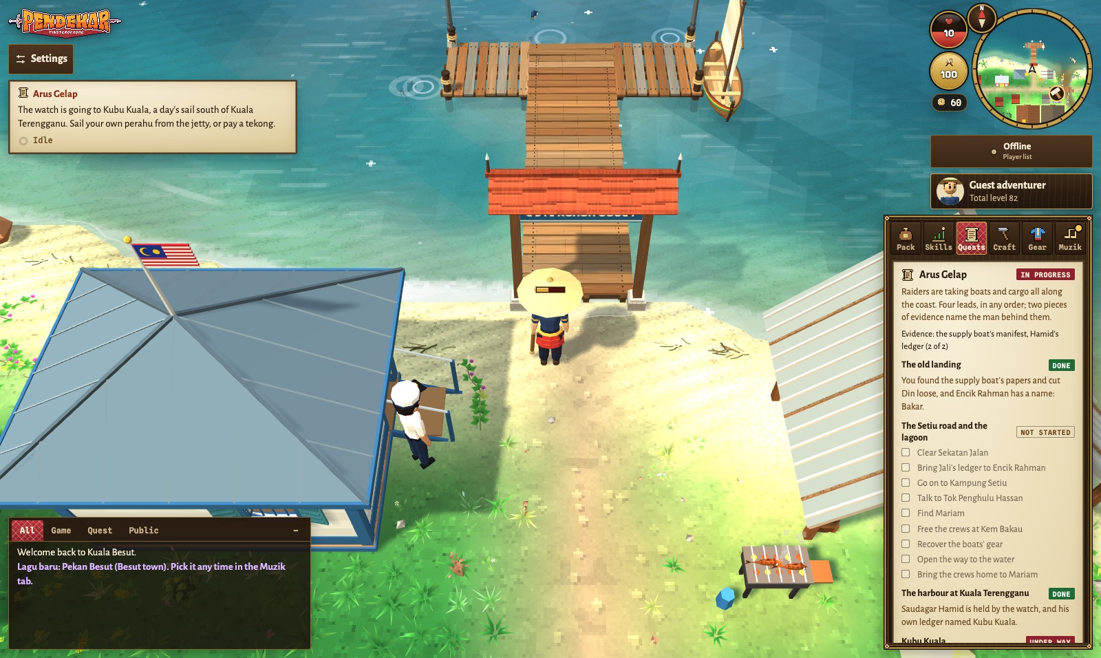 The Quests tab: Arus Gelap with its evidence (the supply boat's manifest and Hamid's ledger, 2 of 2) and its four leads, the old landing and the harbour done, the Setiu road not started, Kubu Kuala under way.