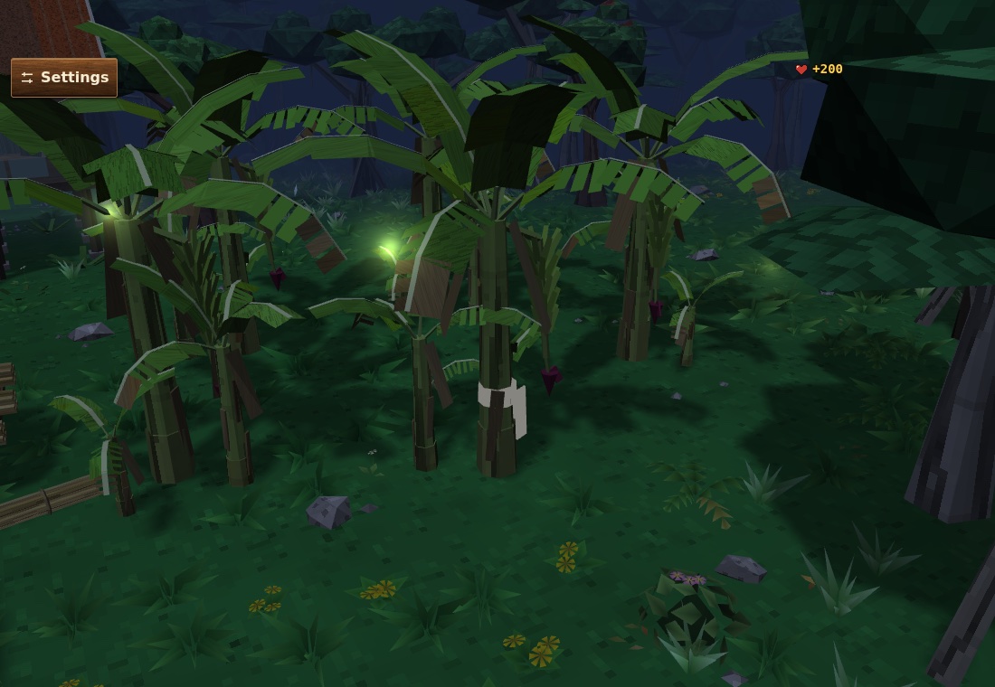 The banana grove at night after the story: a white cloth tied round a banana plant, and fireflies glowing among the leaves.