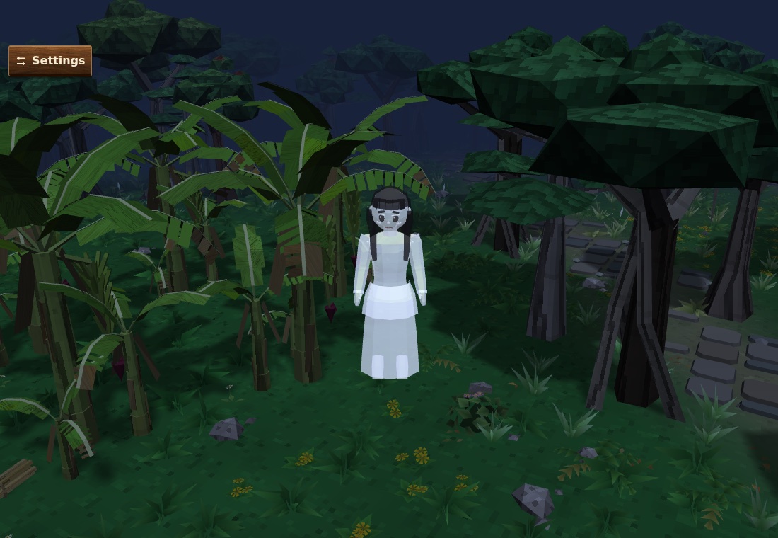 At night in the banana grove off Jalan Besut, a pale woman in a long white robe with long dark hair stands among the banana plants.