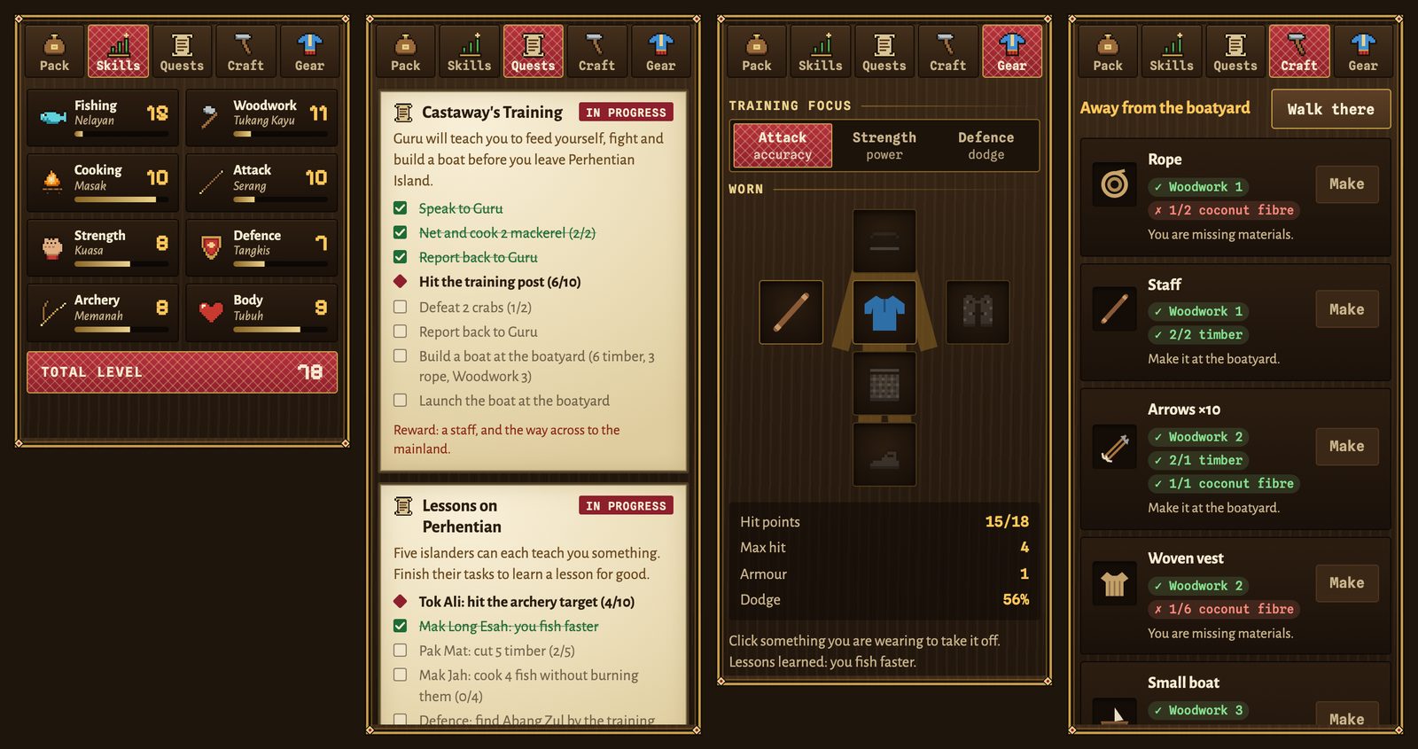 Four panels side by side: Skills as eight tiles with pixel icons, levels and a total-level plaque; Quests as parchment cards with ticked steps; Gear as a paper doll with six slots around a brass figure; Craft as recipe cards with green and red requirement chips.